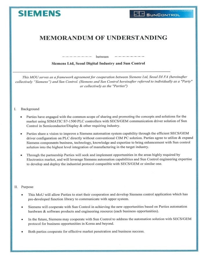 Siemens Ltd Seoul Digital Industry와 Sun Control 간 MEMORANDUM OF UNDERSTANDING 협약서 표지